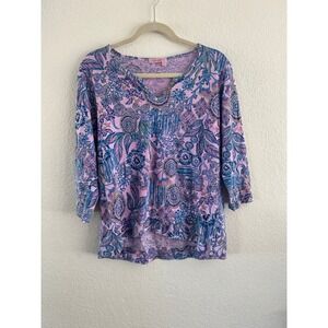 Fresh Produce Pink Blue Floral Print Top Women's Medium Made in USA Boho Artsy‎
